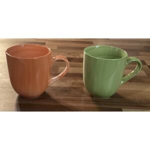 CITRUS GROVE Coffee Mugs Cups Hand Painted Green Orange Ceramic 16 Oz Set Of 2